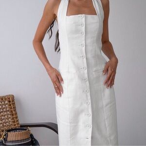 Commense White Cotton Linen Halter Dress — XL